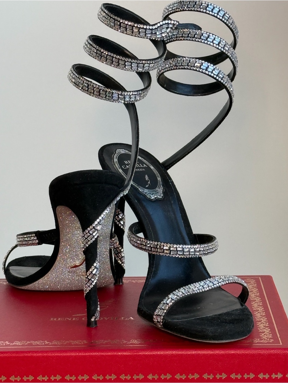 Rene Caovilla Black Suede Stiletto Sandals with Crystal Straps and Glitter Heel